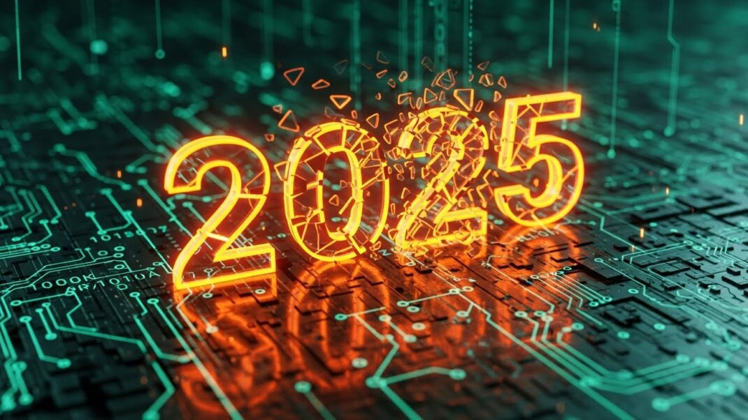 the year 2025 against a digital background. 2025 is cracking representing the increase in SAP cyber attacks and threats.