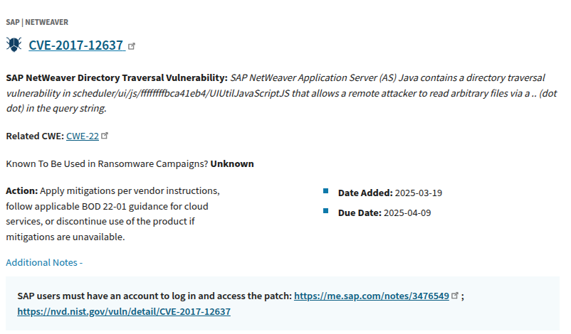 CISA's updated catalog of Known Exploited Vulnerabilities (KEV) with CVE-2017-12637.