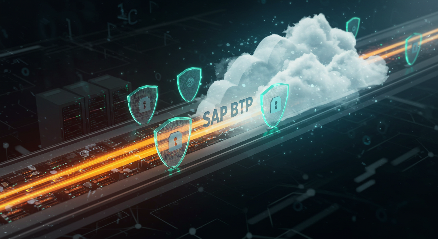 A futuristic digital bridge, representing SAP BTP, connecting an on-premise data center to a cloud environment. Glowing orange data streams flow across, protected by grey shields with green highlights, symbolizing secure innovation in a hybrid architecture.
