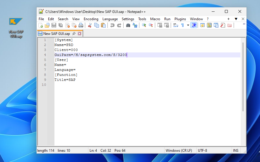 Example of an SAP Shortcut file 