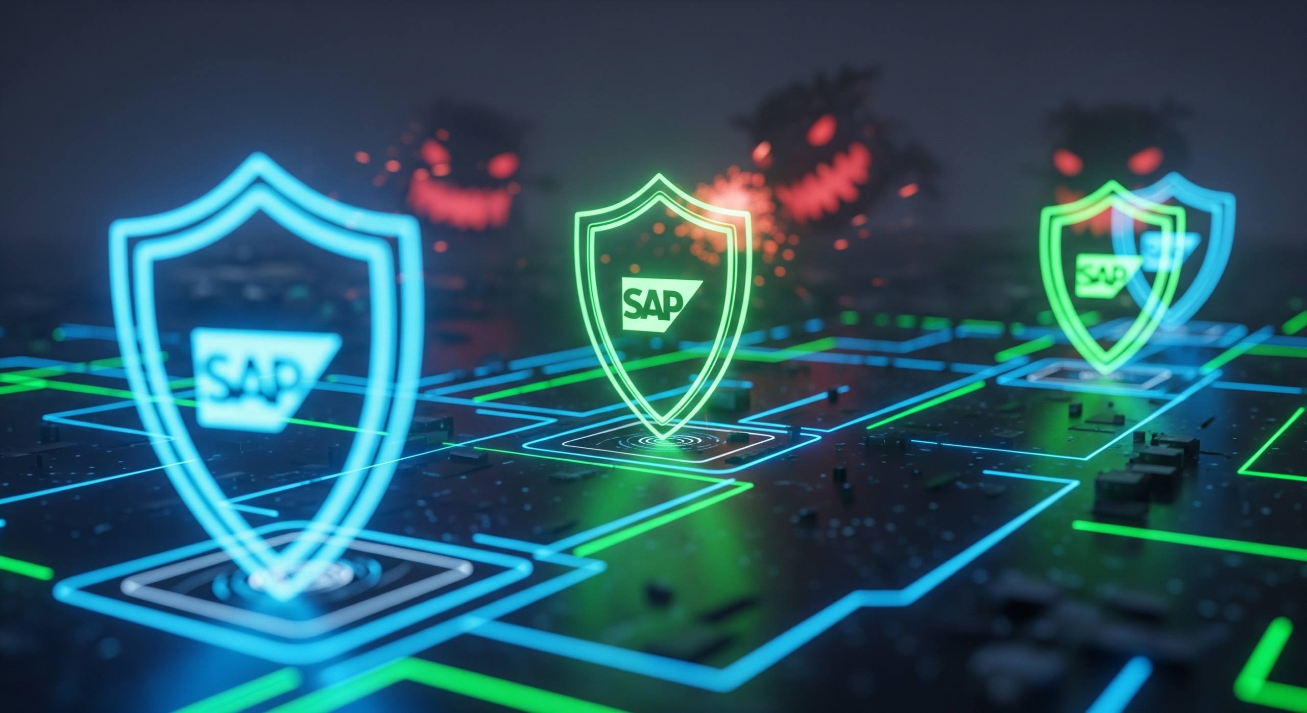 Futuristic digital landscape with SAP security shields.