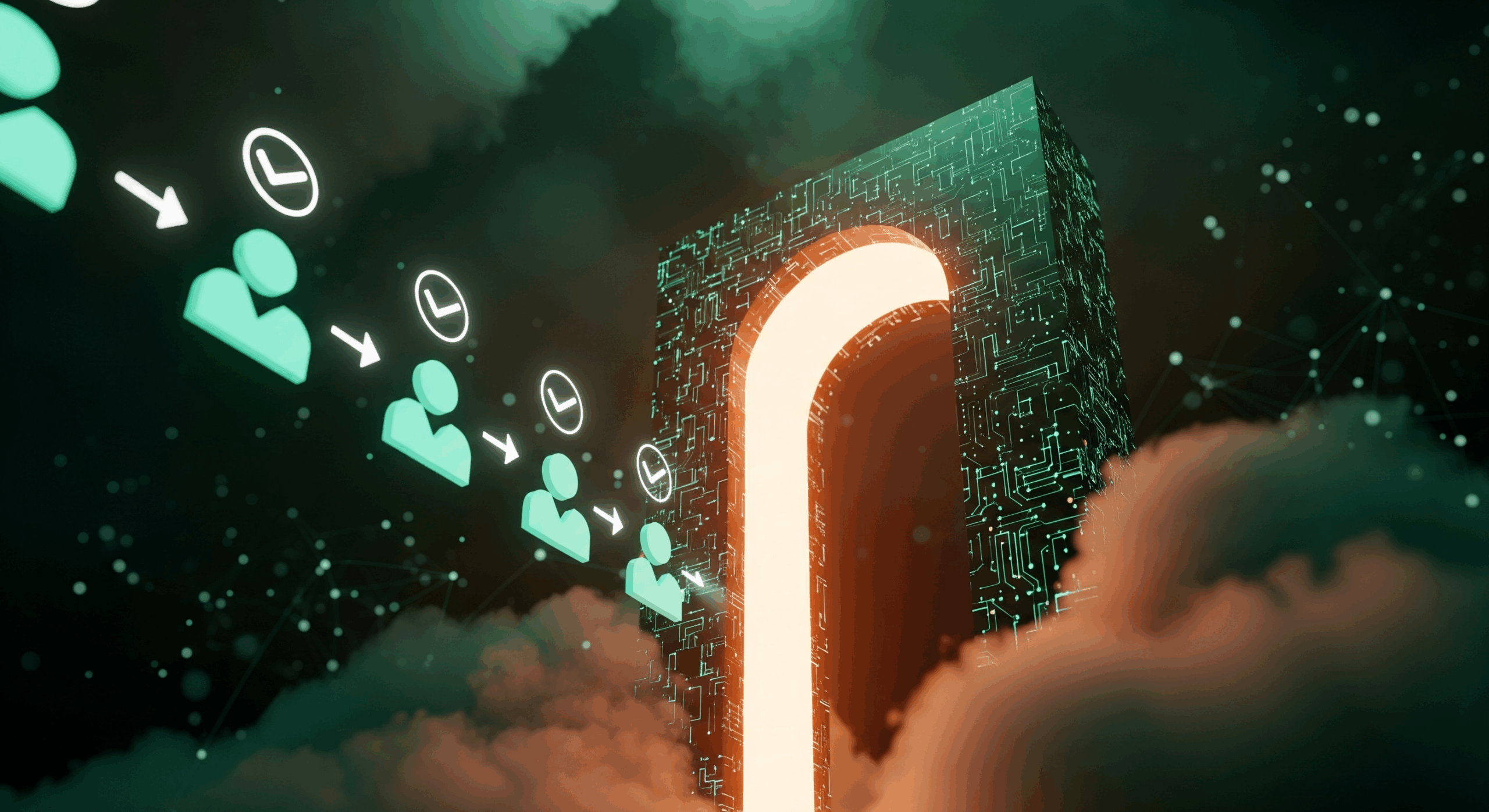 A glowing digital gateway in a cloud environment with user icons being authenticated