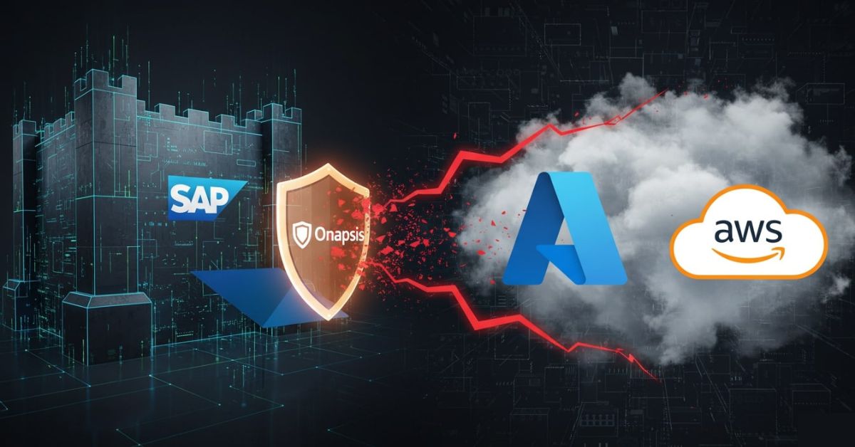 A conceptual diagram showing an Onapsis shield blocking red cyber threats from reaching a digital SAP fortress within a cloud environment.