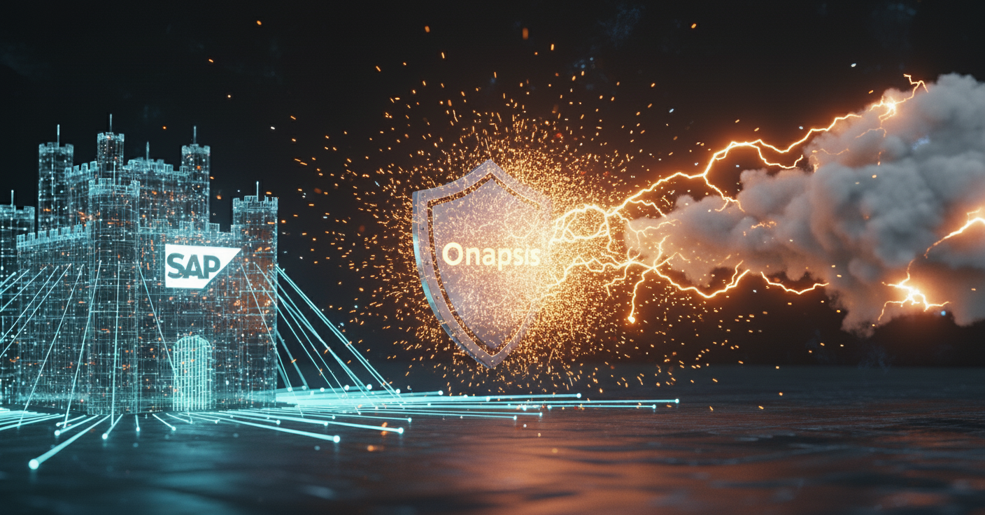 Futuristic digital security illustration with SAP building and Onapsis shield blocking lightning strikes.