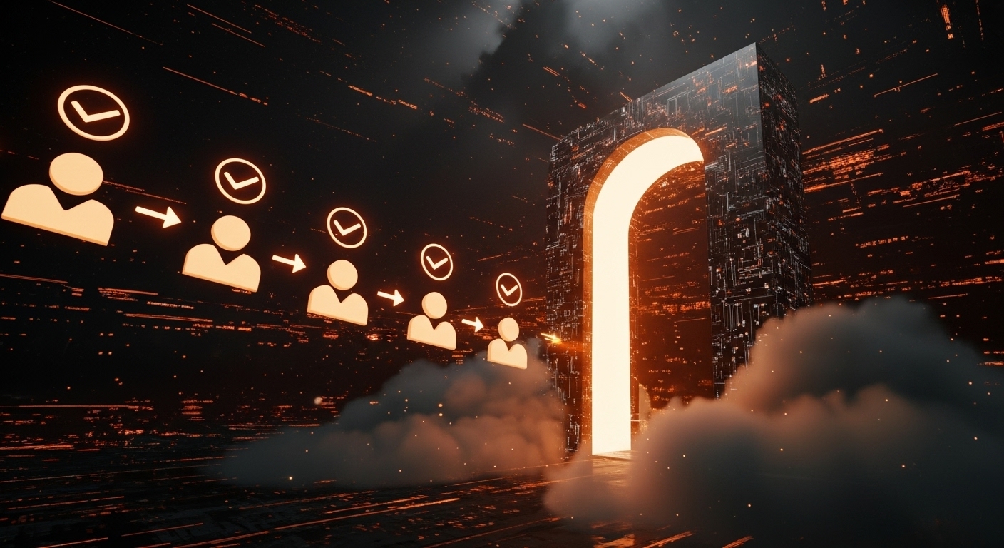 A dark, surreal, and futuristic image. A stream of glowing, stylized human figures moves diagonally from the lower-left corner toward a prominent, luminous orange archway on the right. The archway is textured with a fine circuit board pattern and emits a bright light, suggesting a digital portal. The background is a vast, dark expanse filled with streaks and particles of orange light, creating a sense of a technological or data-driven environment.