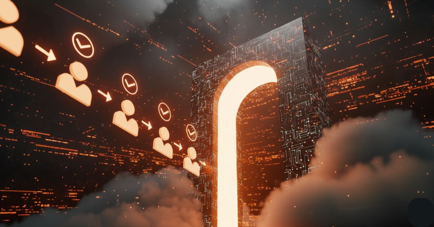 A glowing digital gateway in a cloud environment with user icons being authenticated