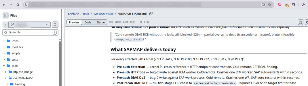 Description of capabilities of exploit PoCs for OVERPASS (CVE-2026-44756) as part of SAPMAP.