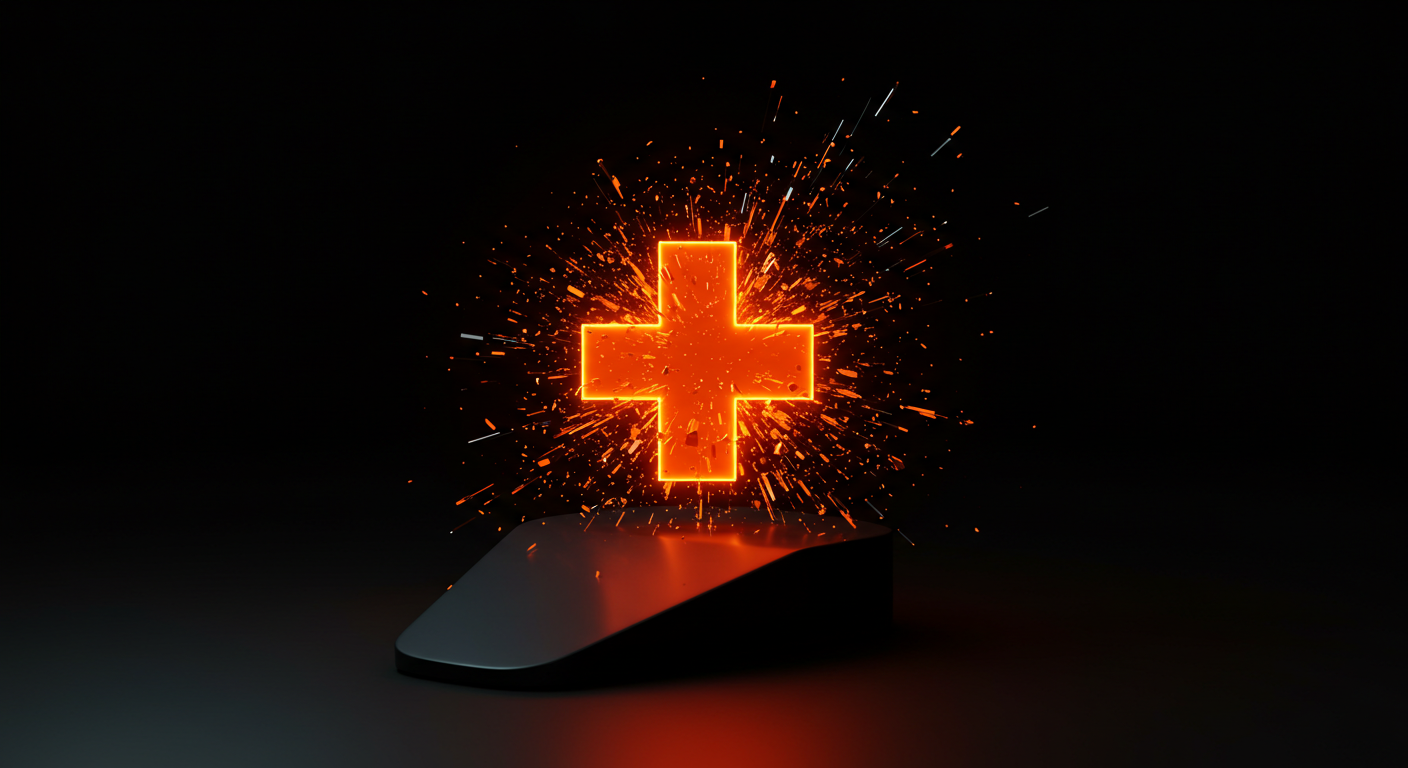 Abstract graphic representing product updates, showing a glowing orange plus sign expanding energetically from a dark grey geometric shape on a black background.