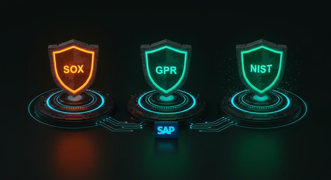 A high-tech digital rendering of three equally sized, glowing shields, Orange for SOX, Teal for GDPR, and Green for NIST—standing on a secure Dark Green platform with an integrated SAP logo, symbolizing continuous, automated compliance and protection.