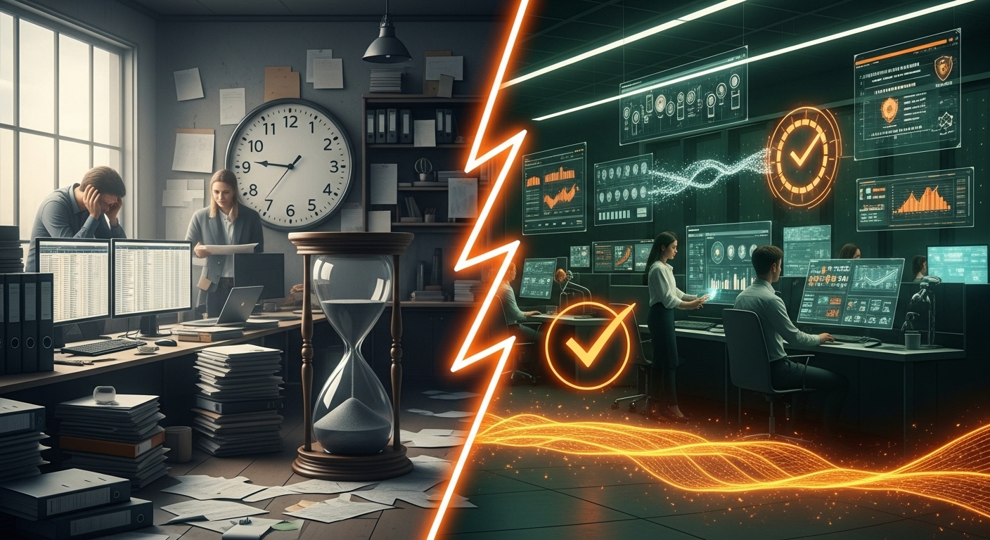 Dynamic split-screen image contrasting the old and new approach to ERP security. The left side shows a chaotic, dim office with stressed figures and stacks of paper (manual risk). The right side shows a futuristic, dark green and black control center with high-energy orange digital elements and calm figures (Onapsis Automated Compliance and Efficiency).