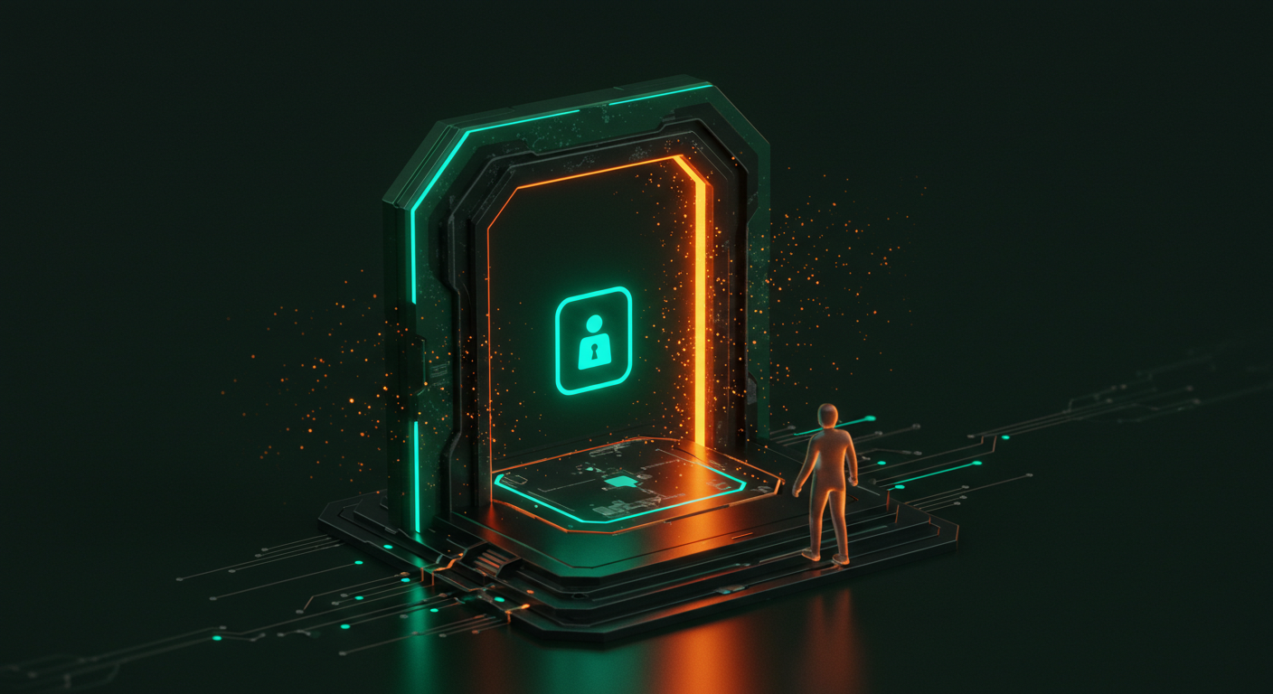A dark, high-tech digital gateway in Dark Green and Black. Only a small, precise area inside the gateway is illuminated with a Teal light (representing granted least privilege access), while the vast surrounding area shimmers with Orange, symbolizing denied or restricted excessive access.