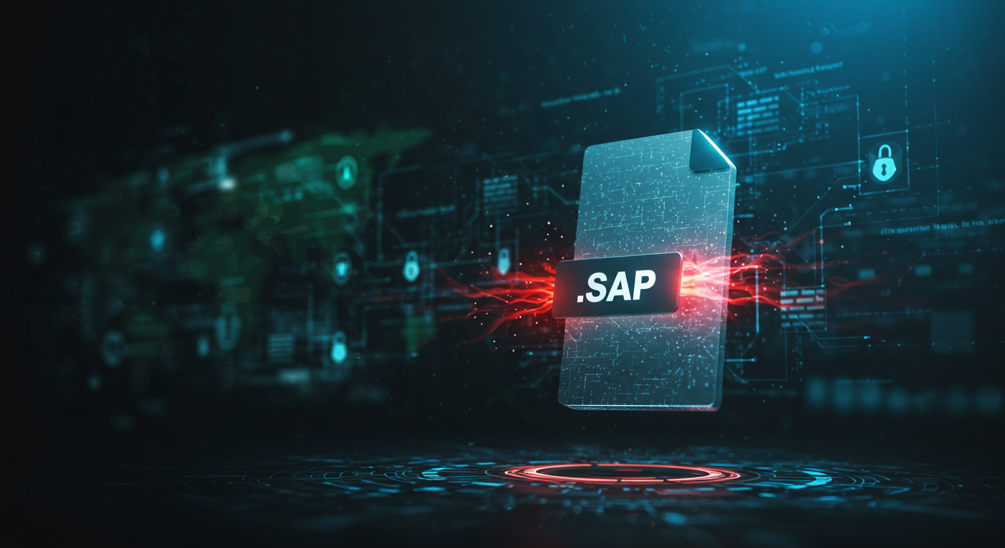 Abstract illustration showing a digital .sap file glowing with an ominous red aura as it phases through a high-tech blue and green security network, symbolizing an overlooked vulnerability.